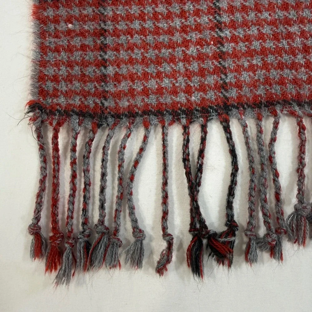 Pottery Barn Reversible Plaid Throw Blanket Red Grey Houndstooth Fringe 50x60